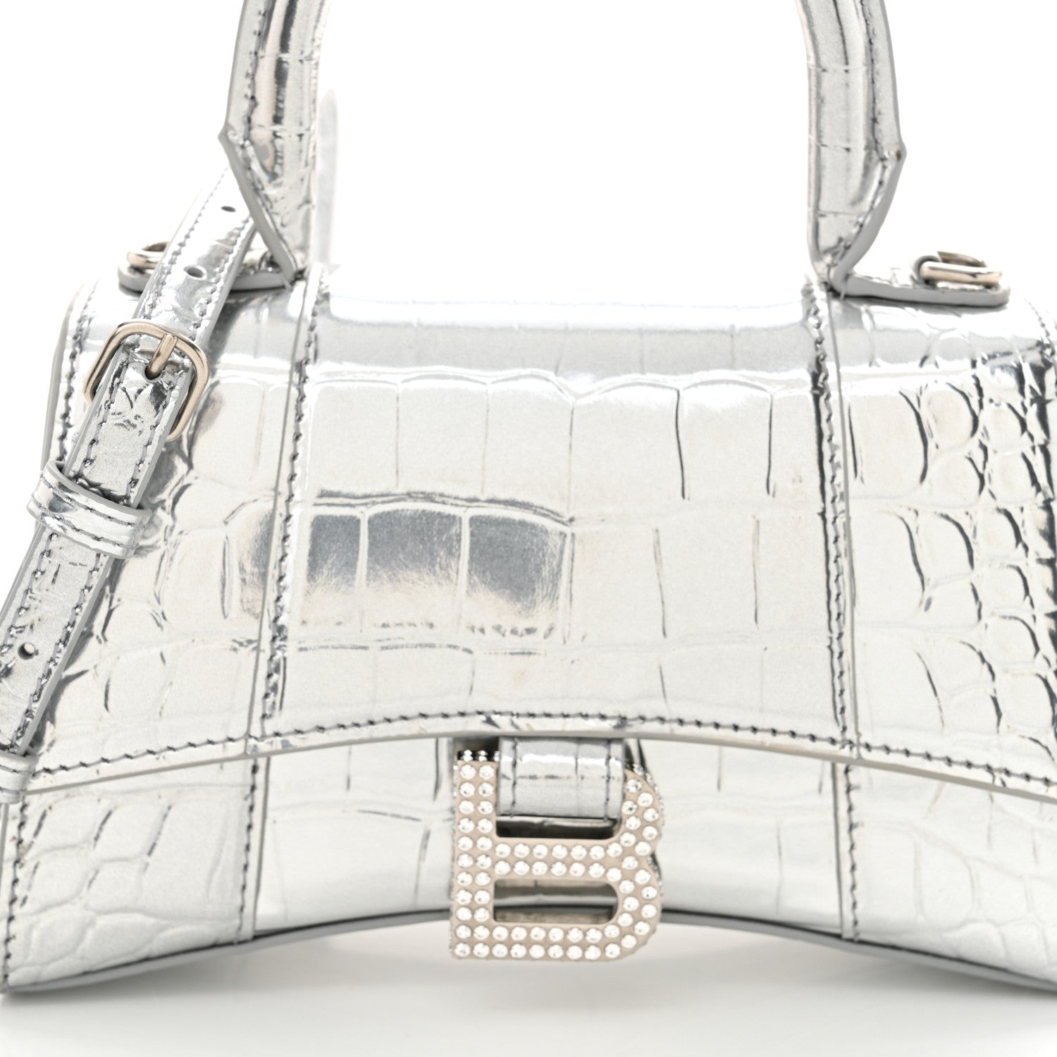 Balenciaga Metallic Calfskin Crocodile Embossed Crystal Hourglass Top Handle Bag XS Silver 9 of 12