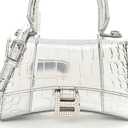 Balenciaga Metallic Calfskin Crocodile Embossed Crystal Hourglass Top Handle Bag XS Silver 9 of 12