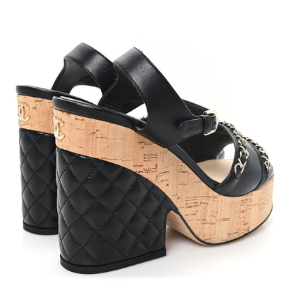 Chanel Lambskin Quilted Chain Cork Wedge Sandals Black 36 Black 5 of 10