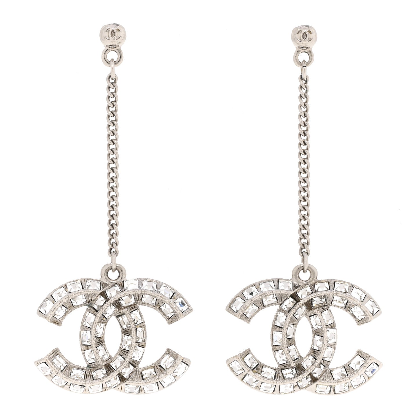 Baguette Crystal CC Drop Earrings Silver