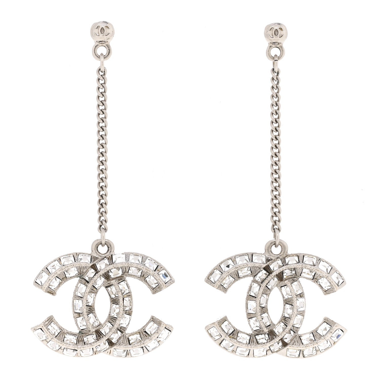 Chanel Baguette Crystal CC Drop Earrings Silver 1 of 5