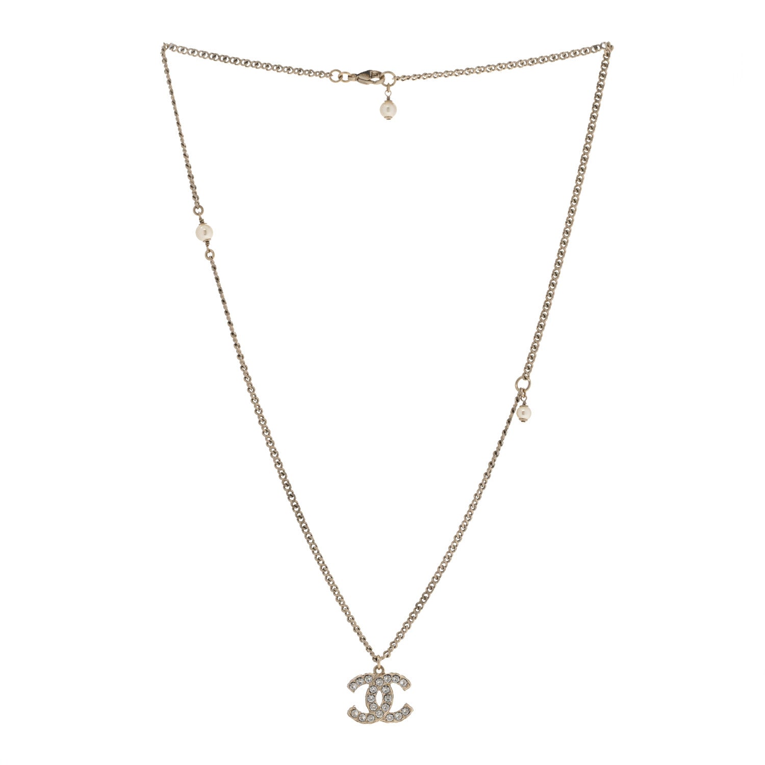 Chanel Metal Pearl Crystal CC Textured Pendant Necklace Gold 3 of 7