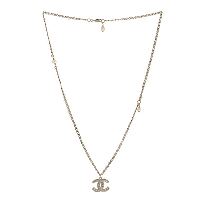 Chanel Metal Pearl Crystal CC Textured Pendant Necklace Gold 3 of 7