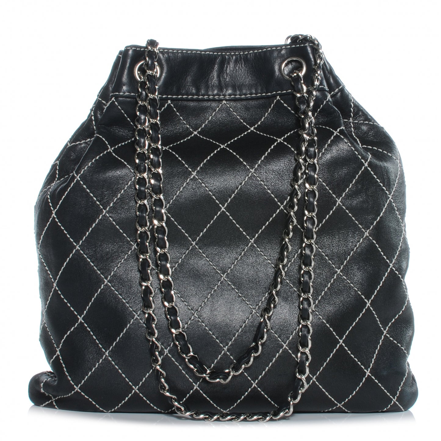 Lambskin Contrast Stitch Shoulder Bag Black