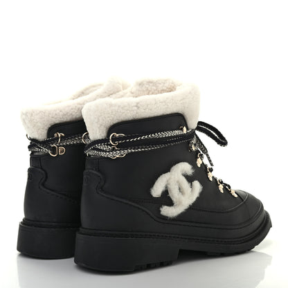 Chanel Calfskin Shearling CC Lace Up Boots 39 Black White 4 of 8