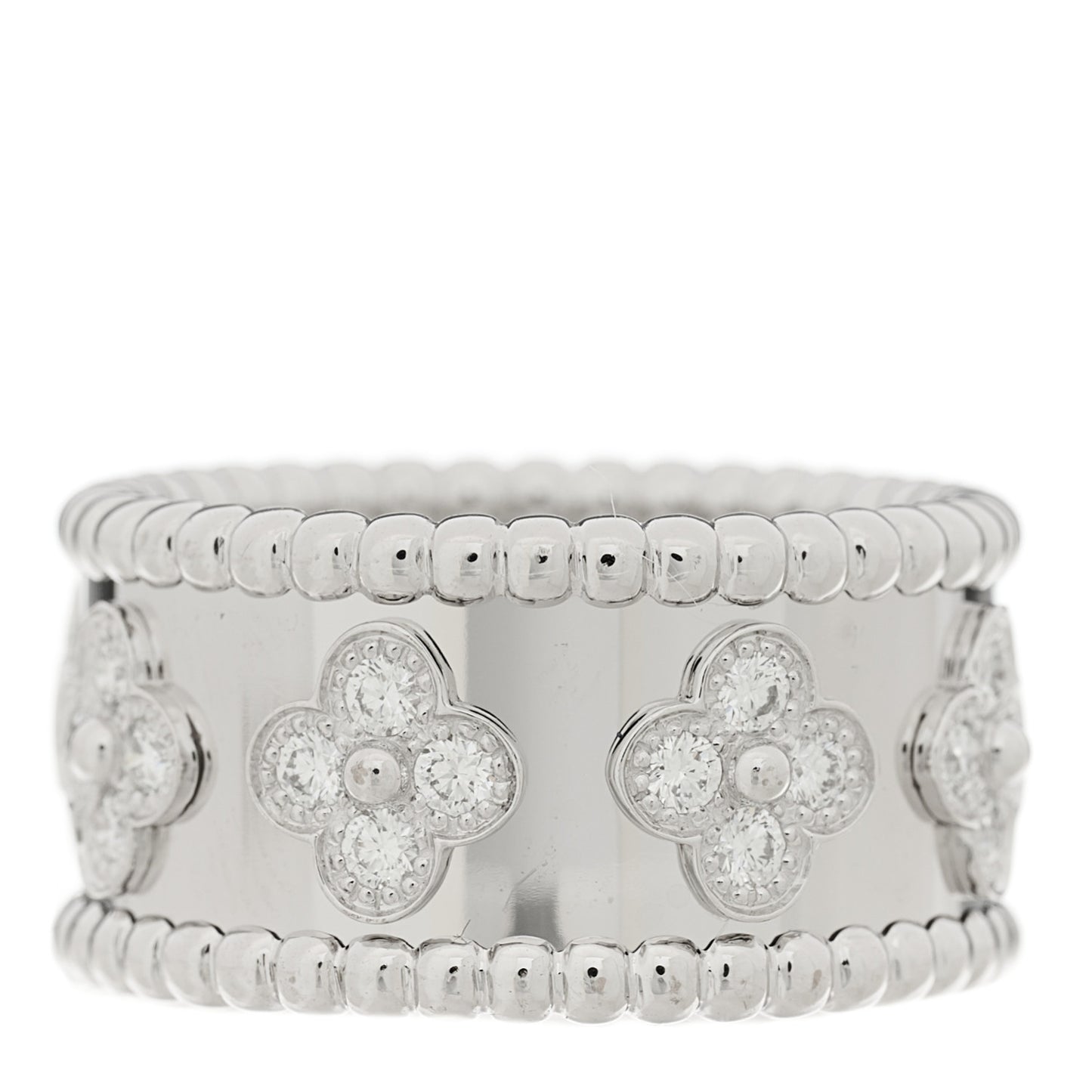 18K White Gold Diamond Medium Perlee Clover Band Ring 52 6