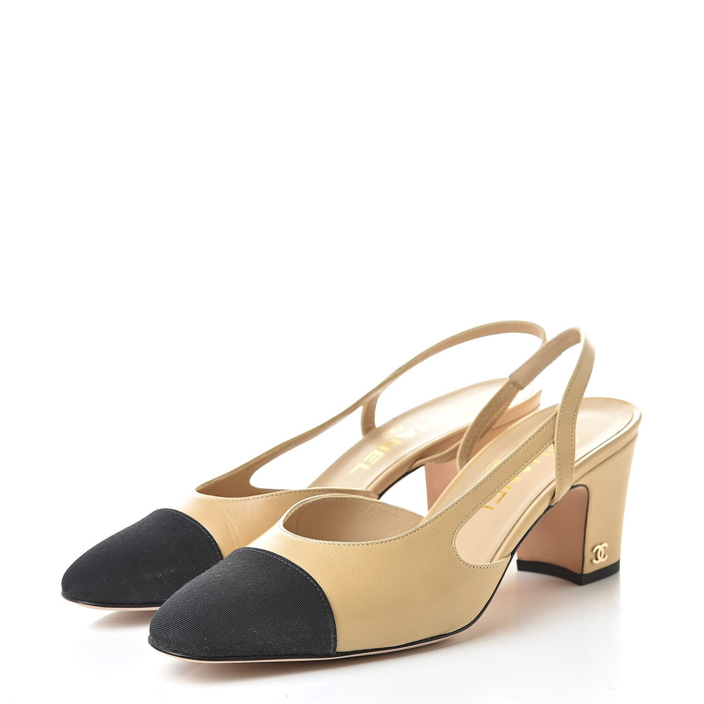 Goatskin Grosgrain Cap Toe CC Slingback Pumps 37.5 Beige Black