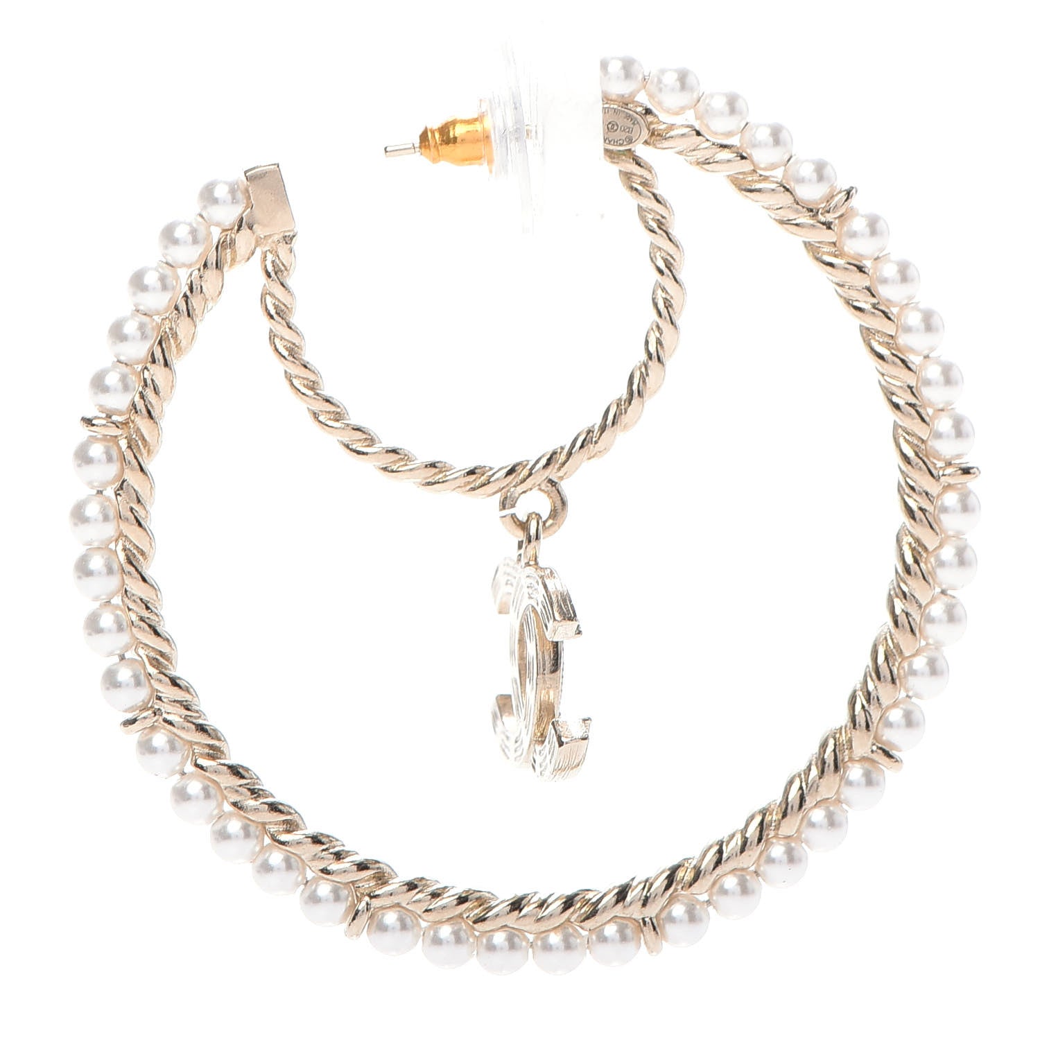 Chanel Crystal Pearl CC Drop Hoop Earrings Gold Pearly White 3 of 6