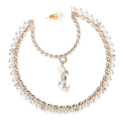Chanel Crystal Pearl CC Drop Hoop Earrings Gold Pearly White 3 of 6
