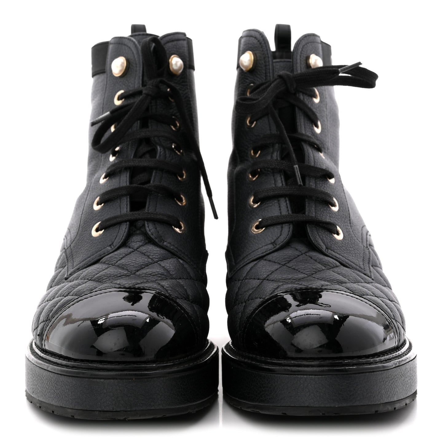 Pearly Calfskin Patent Calfskin Lace Up Combat Boots 40 Black