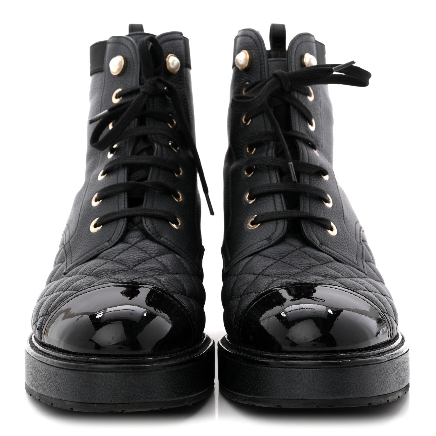 Chanel Pearly Calfskin Patent Calfskin Lace Up Combat Boots 40 Black 3 of 11