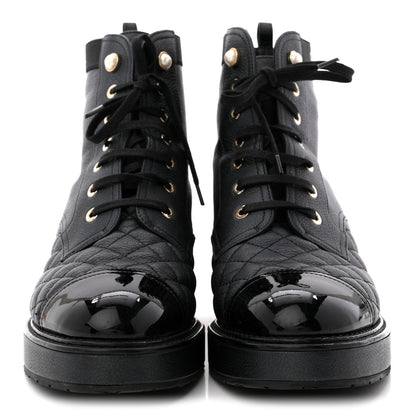 Chanel Pearly Calfskin Patent Calfskin Lace Up Combat Boots 40 Black 3 of 11