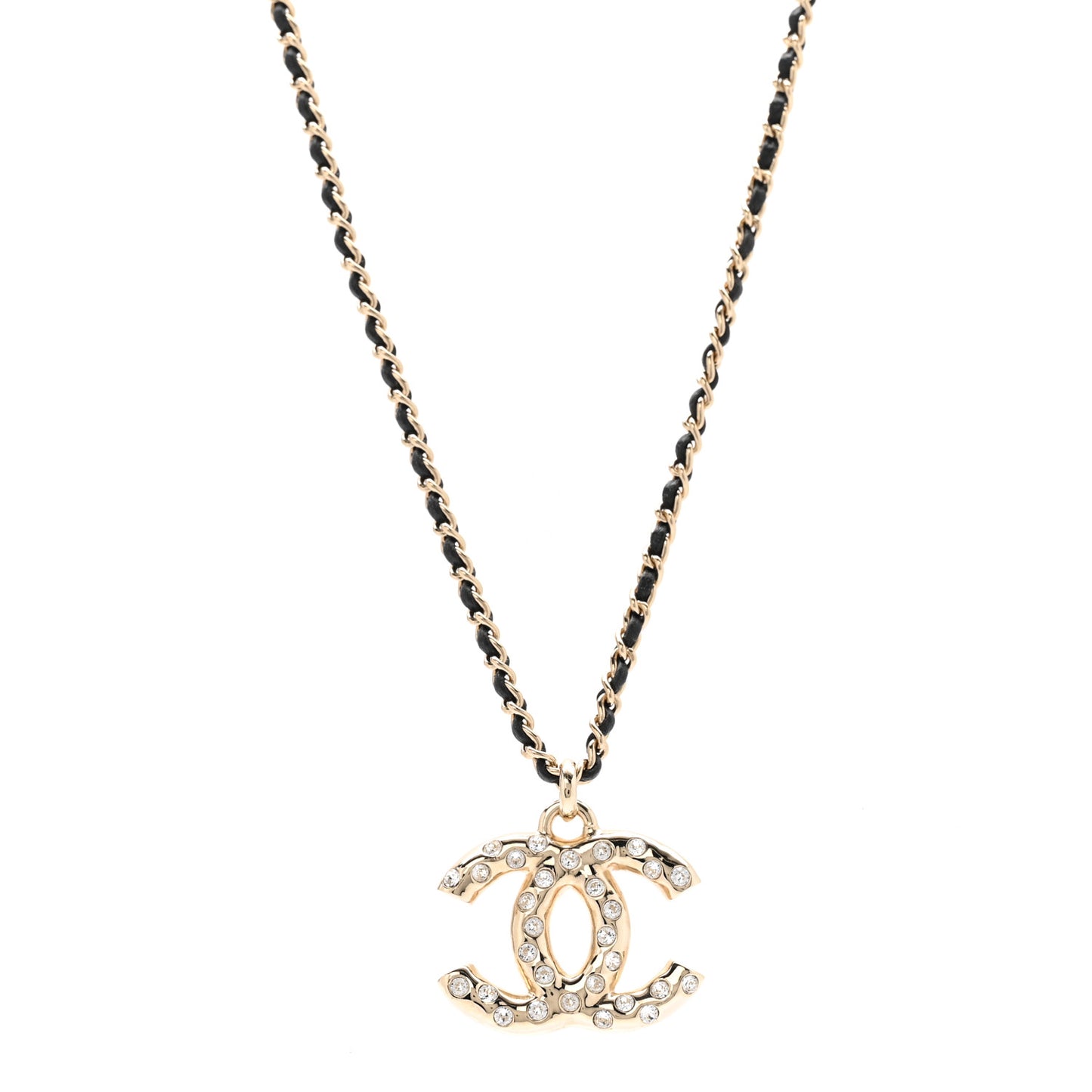 Lambskin Crystal CC Chain Pendant Necklace Black Gold