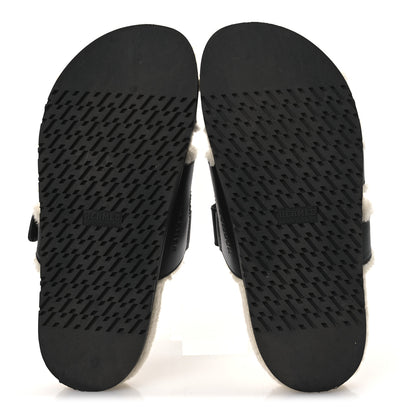 Hermes Calfskin Woolskin Womens Chypre Sandals 38 Black Ecru 7 of 11