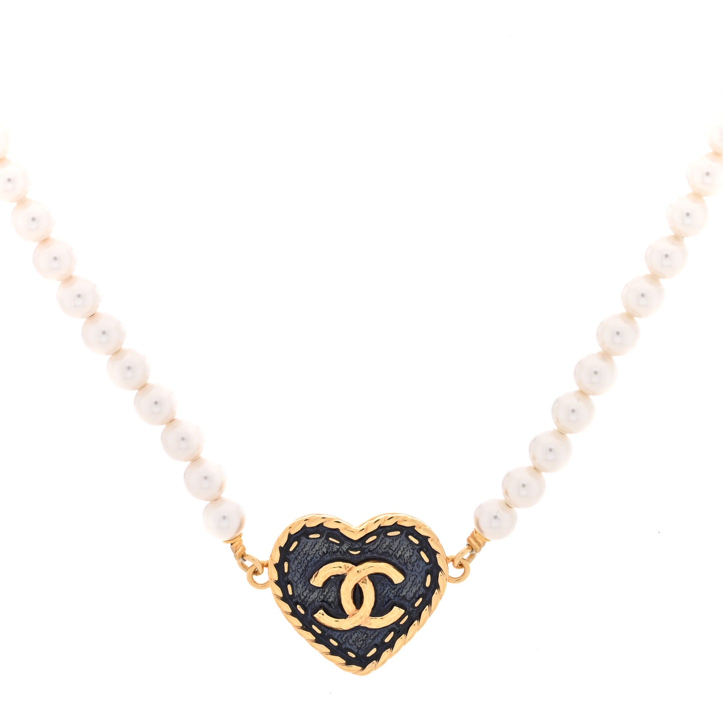 Metal Denim CC Heart Choker Gold Blue Pearly White