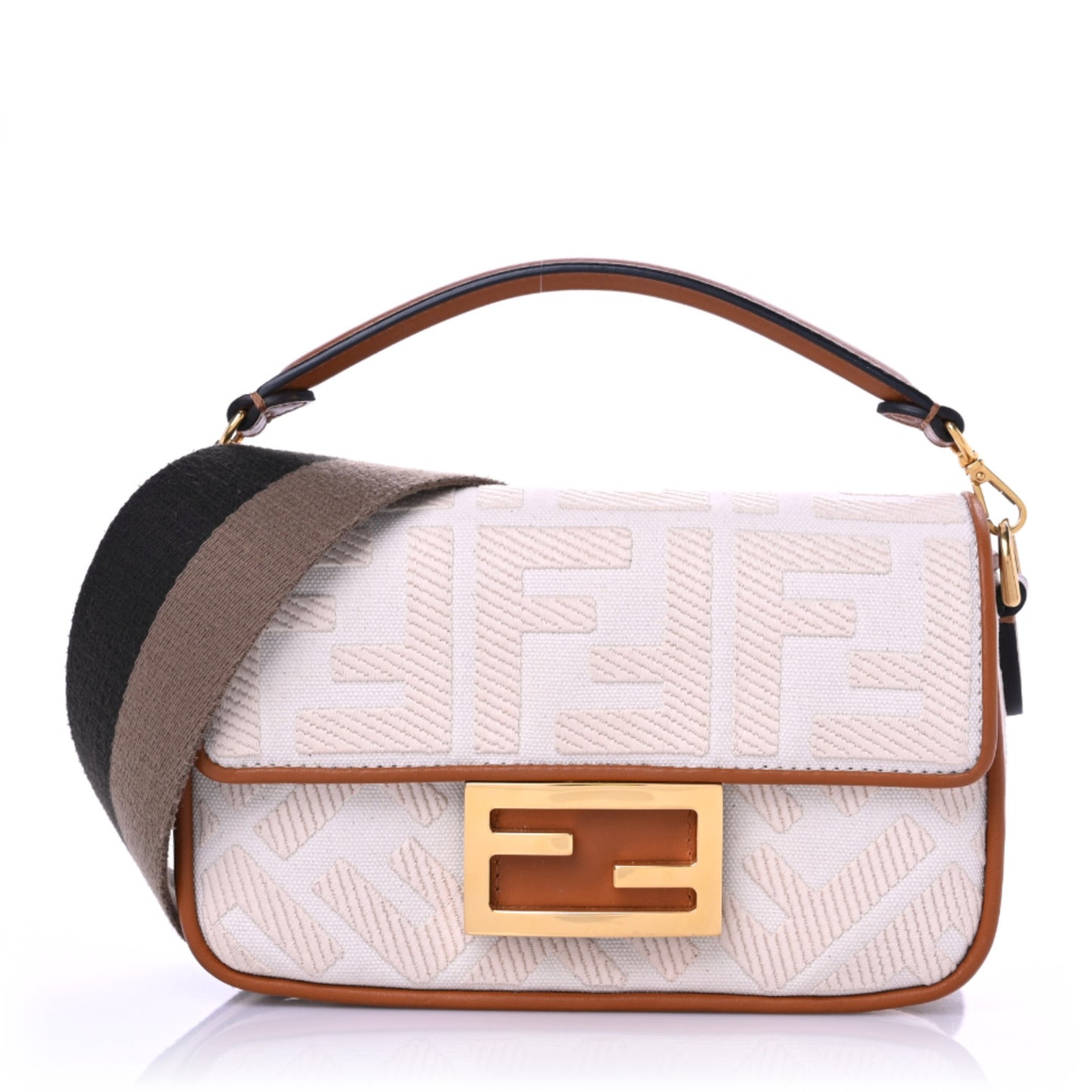 Canvas Vitello King Bi-Color Strap FF Embroidered Mini Baguette Grezzo Brandy Cuoio