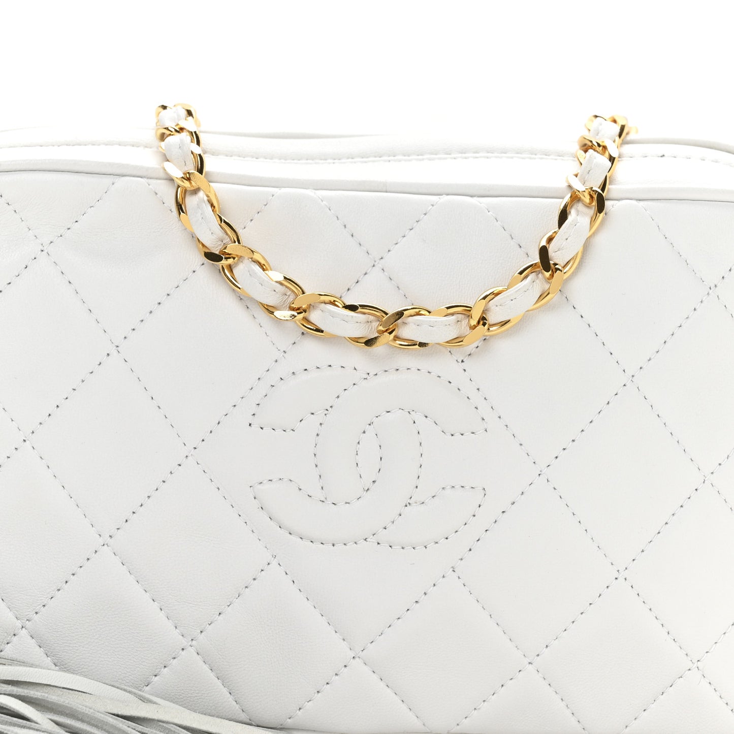 Lambskin Quilted Tassel Camera Case White