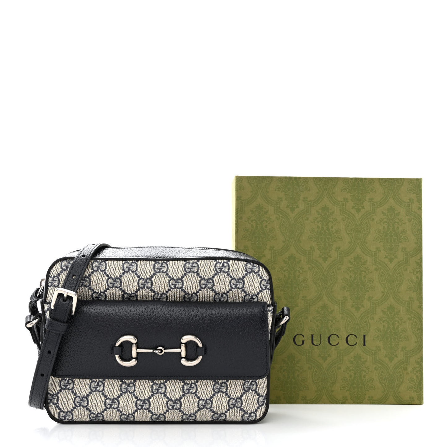 GG Supreme Monogram Textured Dollar Calfskin Small Horsebit 1955 Shoulder Bag Beige Blue