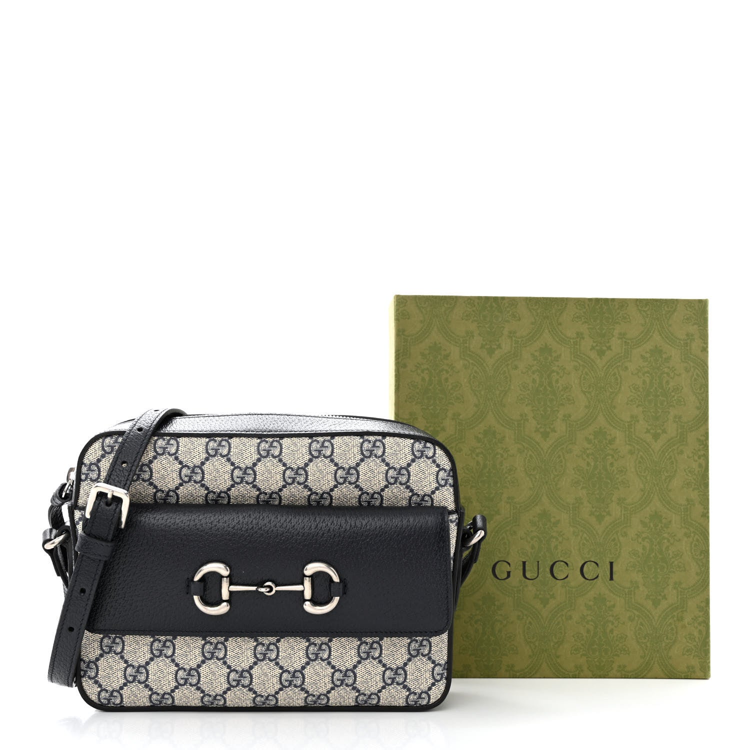 Gucci GG Supreme Monogram Textured Dollar Calfskin Small Horsebit 1955 Shoulder Bag Beige Blue 13 of 13