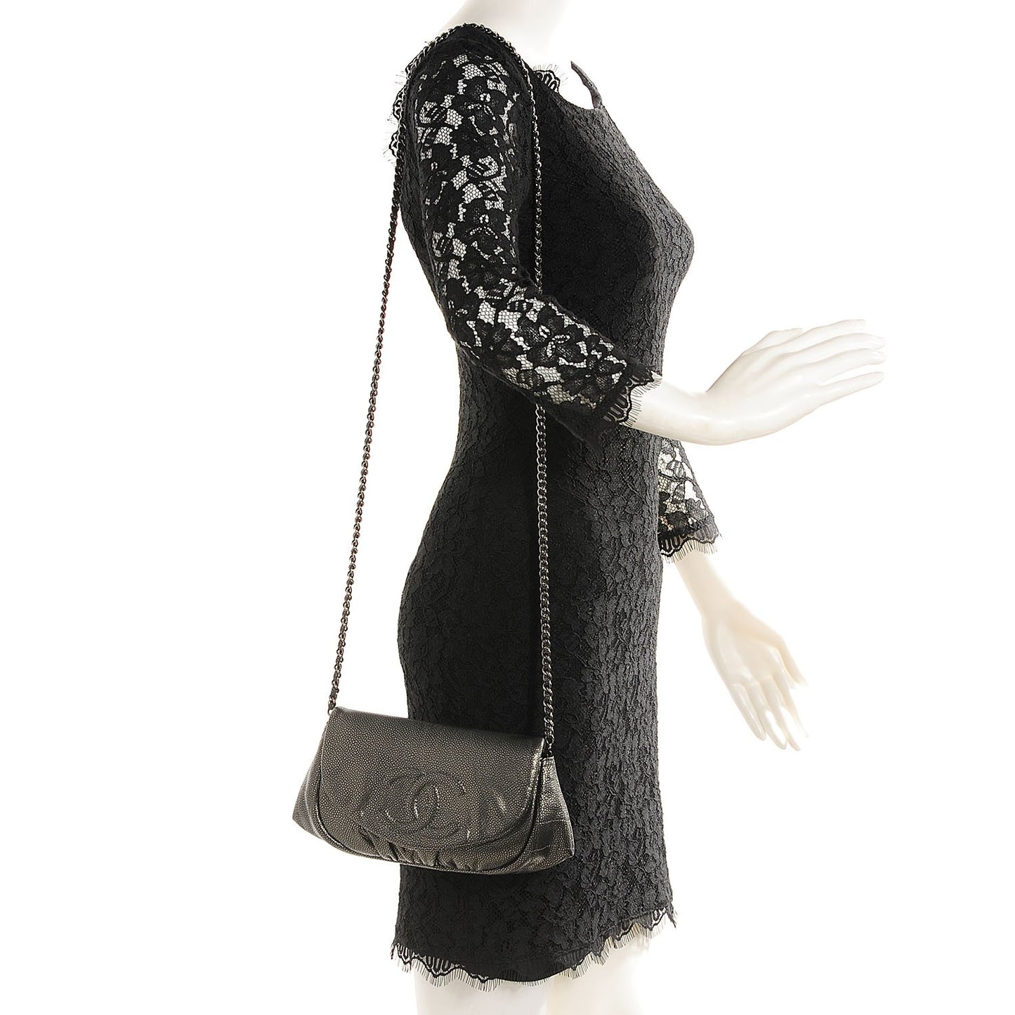 Metallic Caviar Half Moon Wallet On Chain WOC Dark Silver