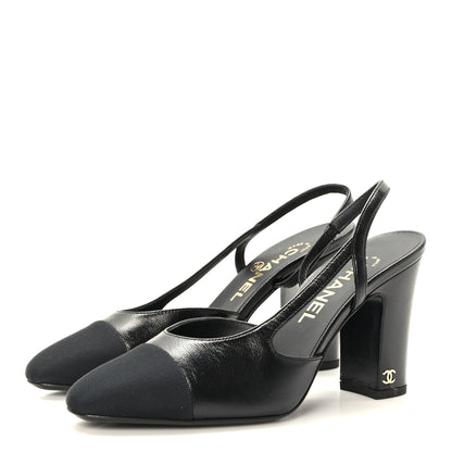 Chanel Goatskin Grosgrain Cap Toe CC Slingback Sandals 37 Black 3 of 9