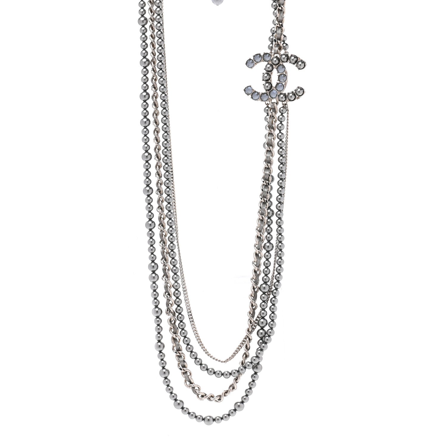 Chanel Crystal Pearl Lambskin CC Multi Strand Necklace Grey Silver 1 of 7