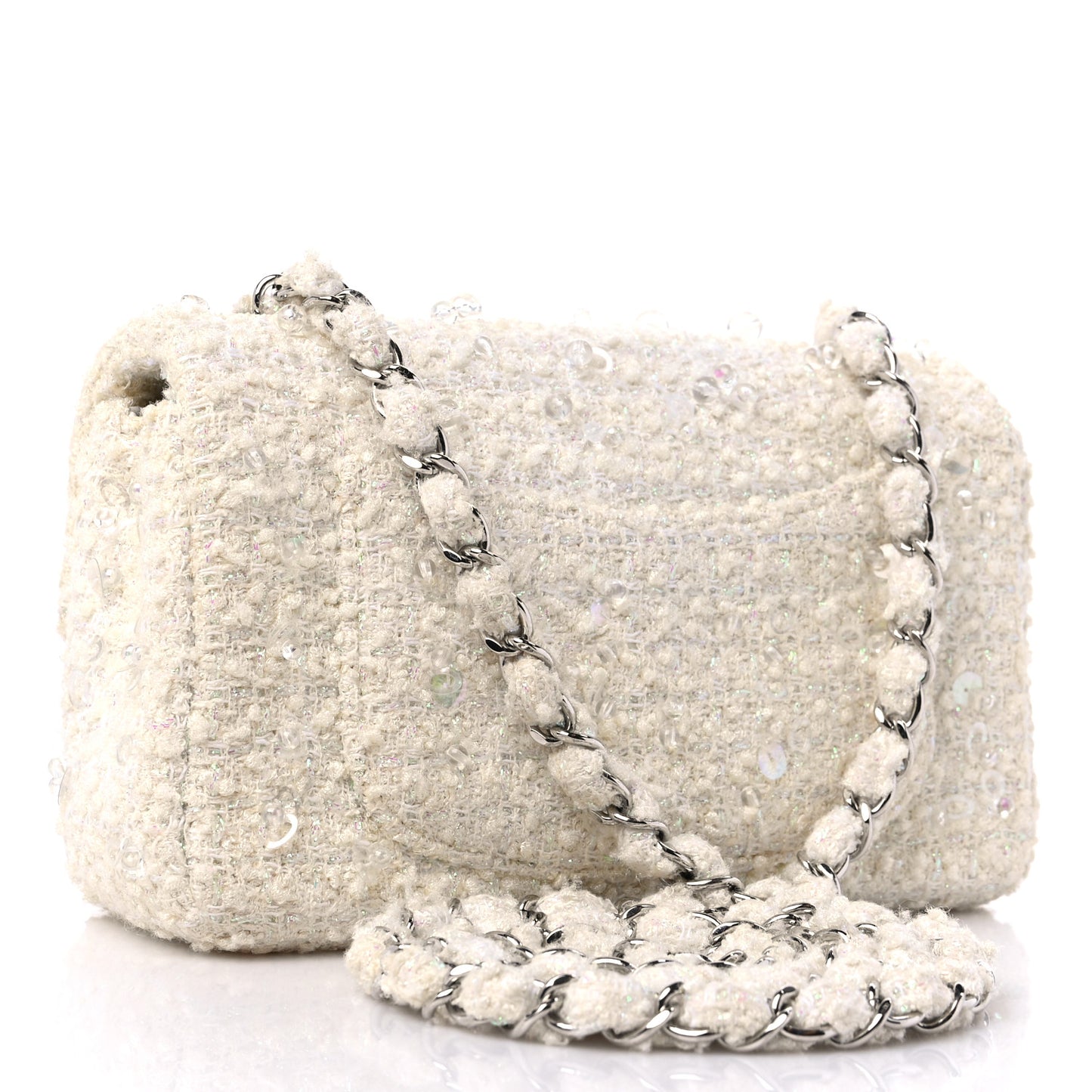 Tweed Beaded Mini Rectangular Flap White