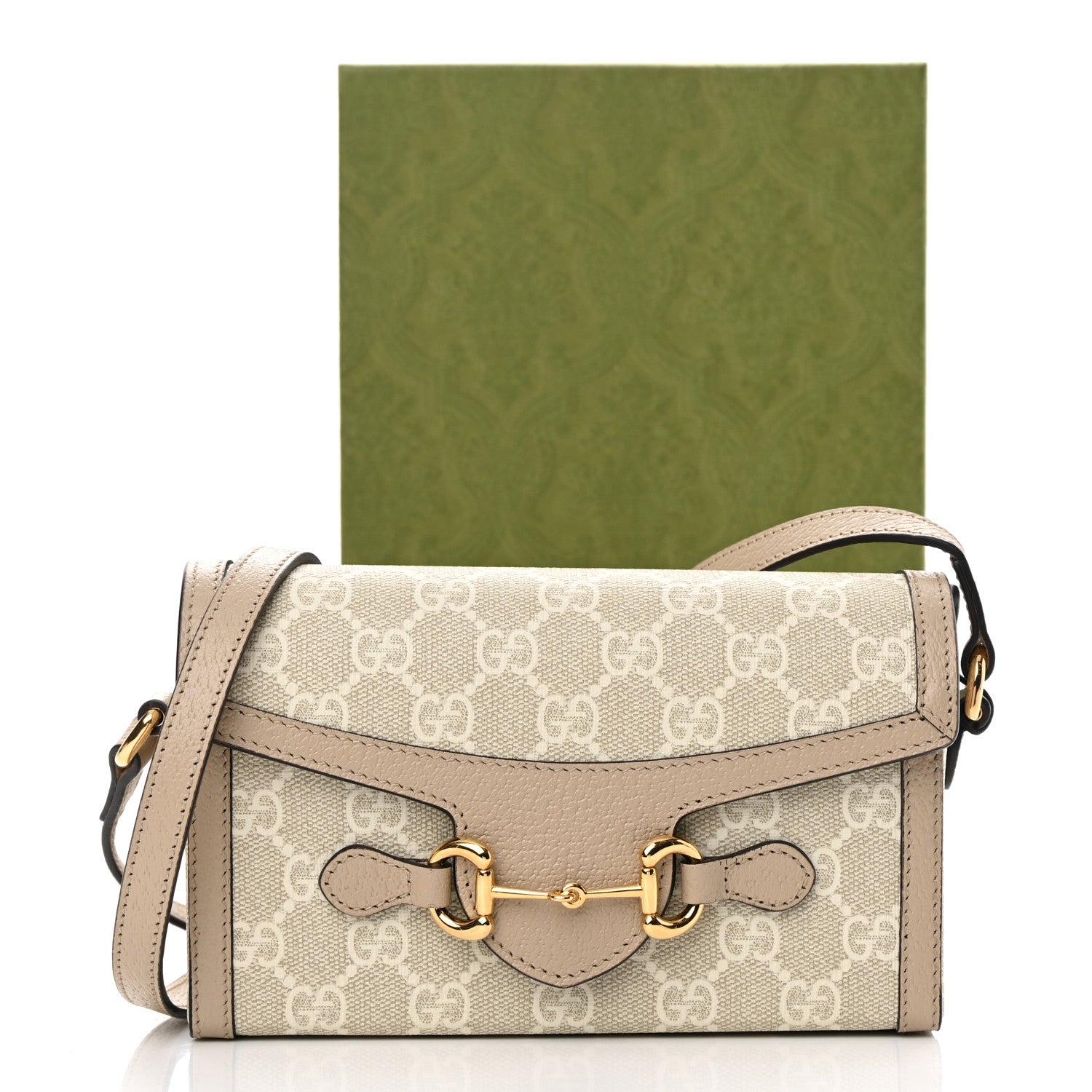 Gucci GG Supreme Monogram Textured Dollar Calfskin Mini Horsebit 1955 Shoulder Bag Beige Mystic White Oatmeal 11 of 11