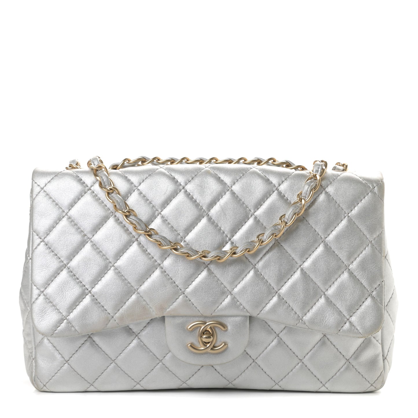 Metallic Lambskin Quilted Jumbo Single Flap Silver