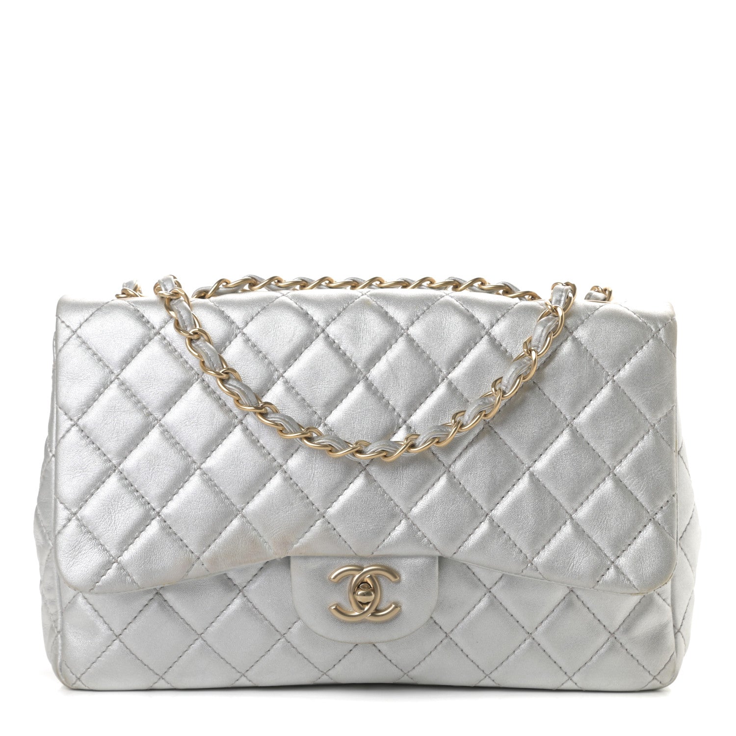 Chanel Metallic Lambskin Quilted Jumbo Single Flap Silver 1 of 14