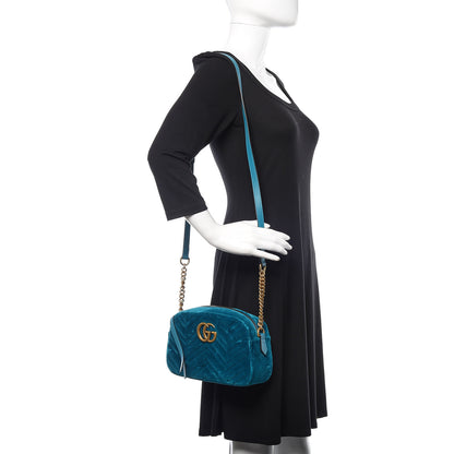 Gucci Velvet Matelasse Small GG Marmont Chain Shoulder Bag Pavone Cyan 2 of 9