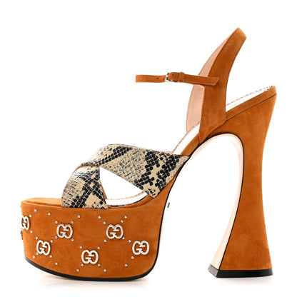 Gucci Malaga Kid Suede Snakeskin Interlocking G Studs 155mm Platform Sandals 40.5 Beige Cognac 1 of 8
