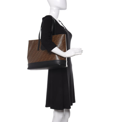 Fendi Glazed Fabric Vitello Century FF 1974 Stamp Patch Shopping Tote Mogano Panna Black 2 of 9