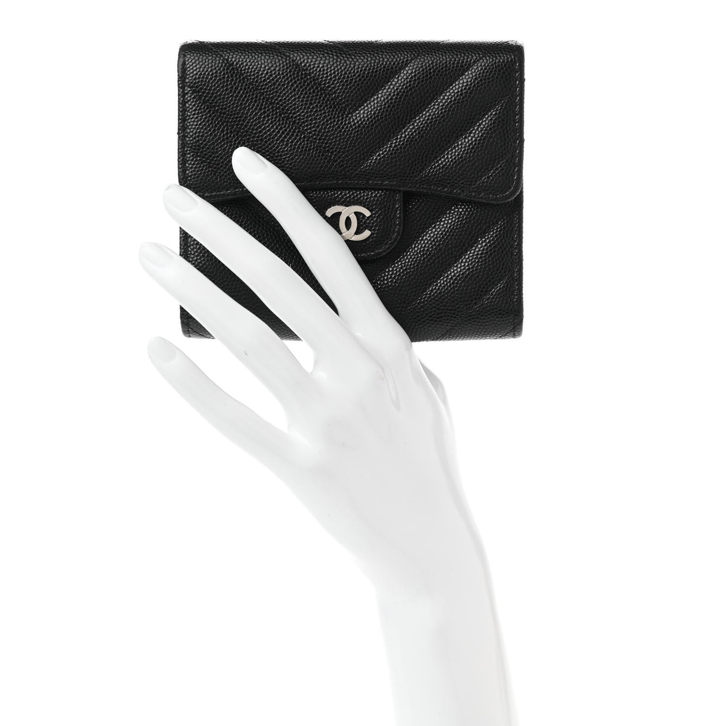 Caviar Chevron Quilted Compact Flap Wallet Black