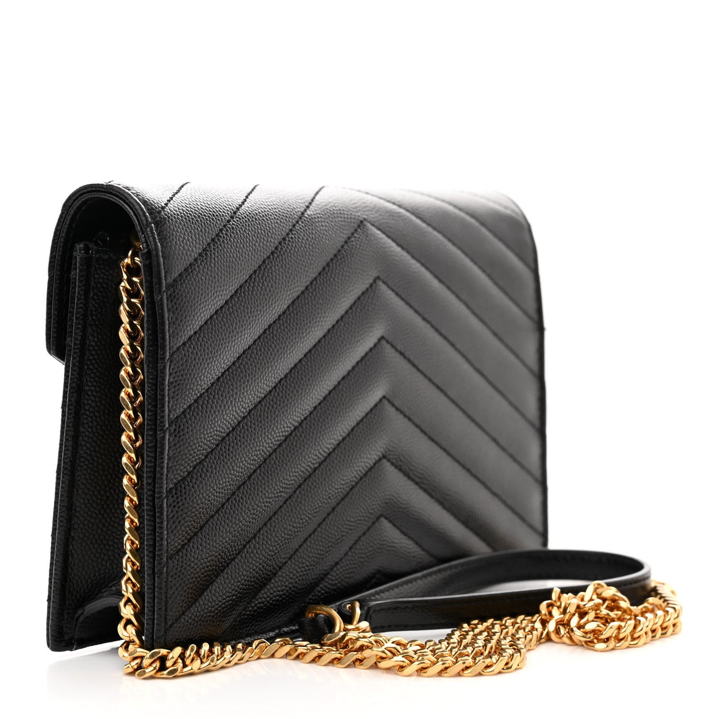 Grain De Poudre Matelasse Chevron Monogram Envelope Chain Wallet Black