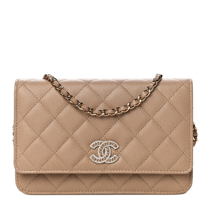 Chanel Caviar Quilted Crystal CC Wallet On Chain WOC Beige 1 of 12