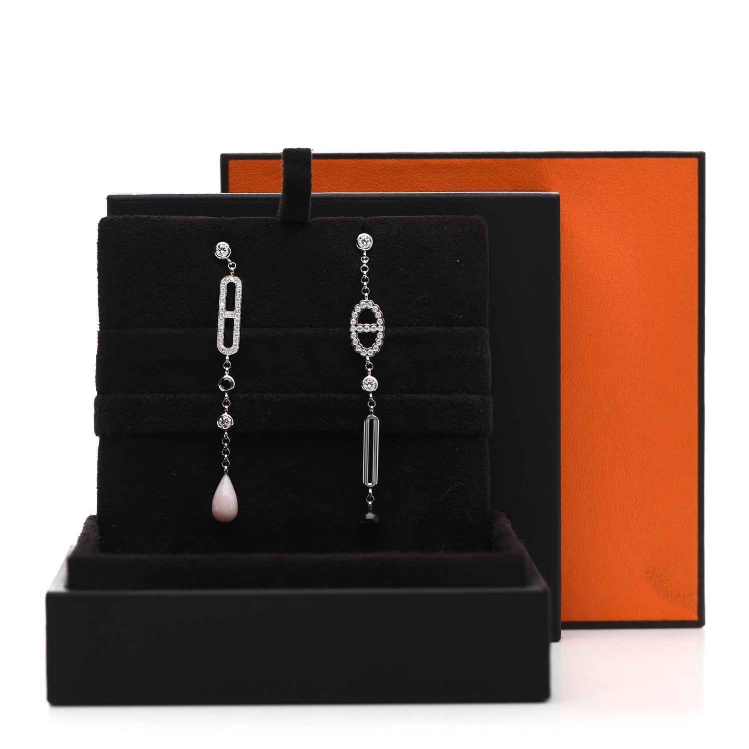 Hermes 18K White Gold Diamond Black Jade Pink Opal Chaine Chaos Drop Earrings 5 of 5