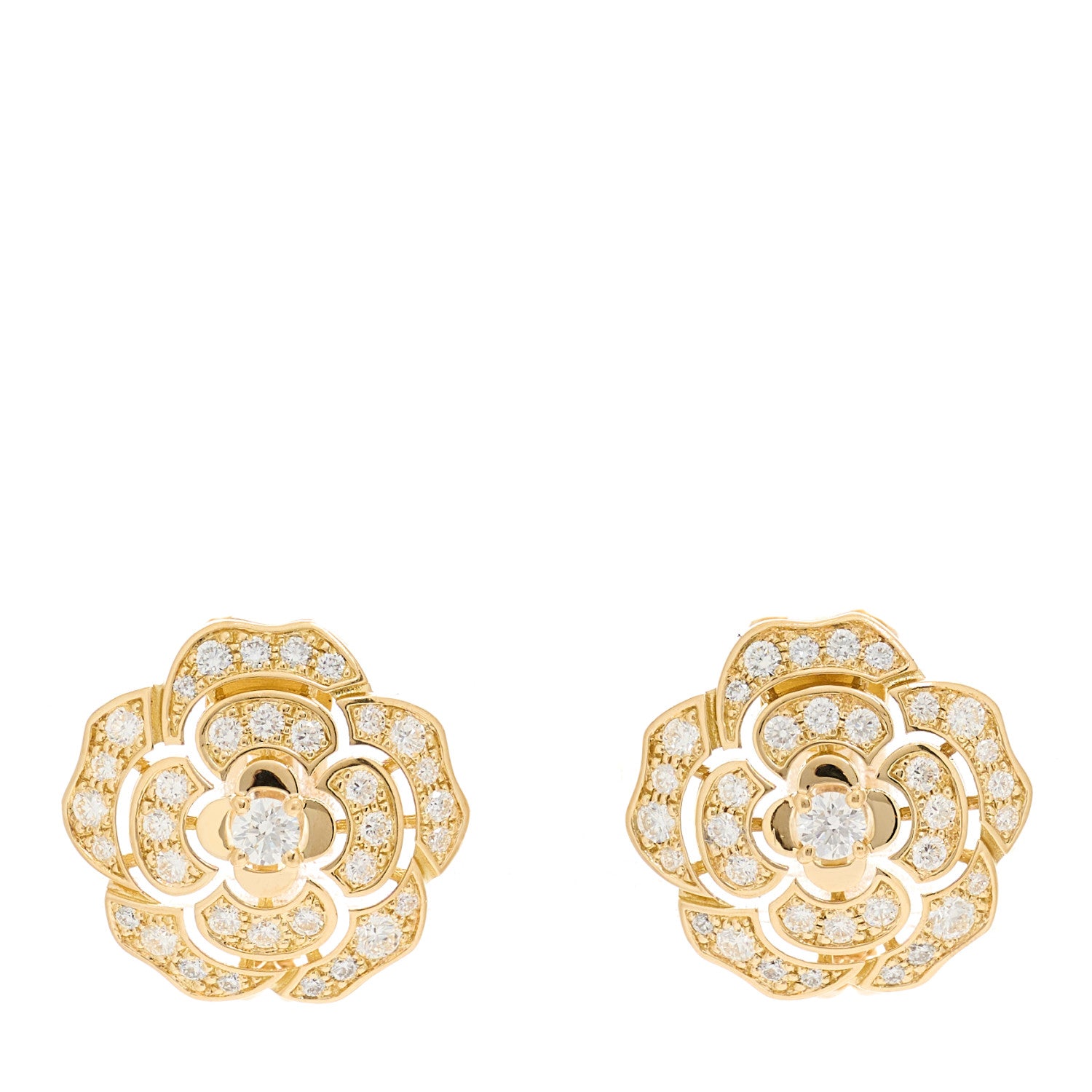 Chanel 18K Yellow Gold Diamond Bouton de Camélia Earrings 1 of 7
