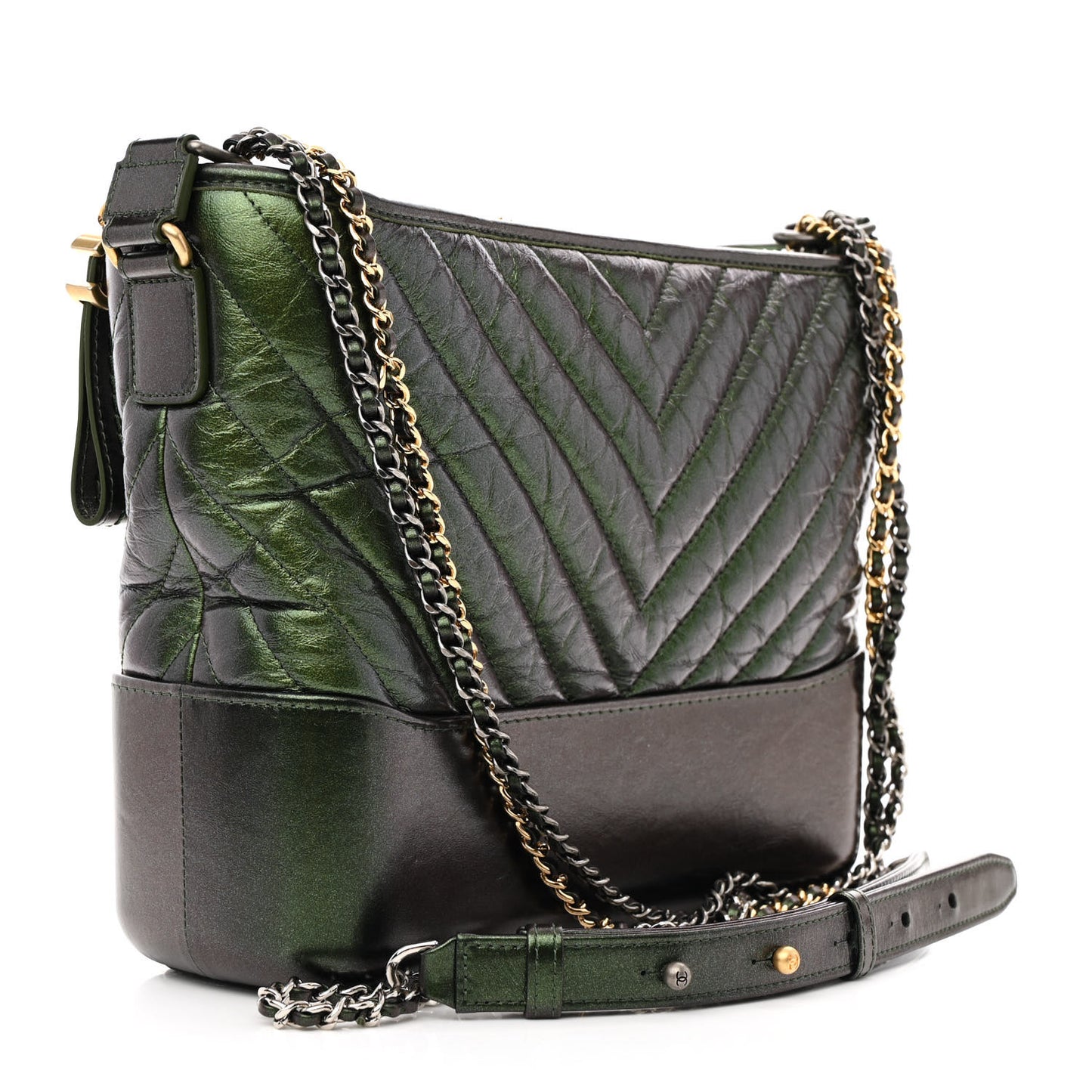 Metallic Aged Calfskin Chevron Quilted Medium Gabrielle Hobo Green