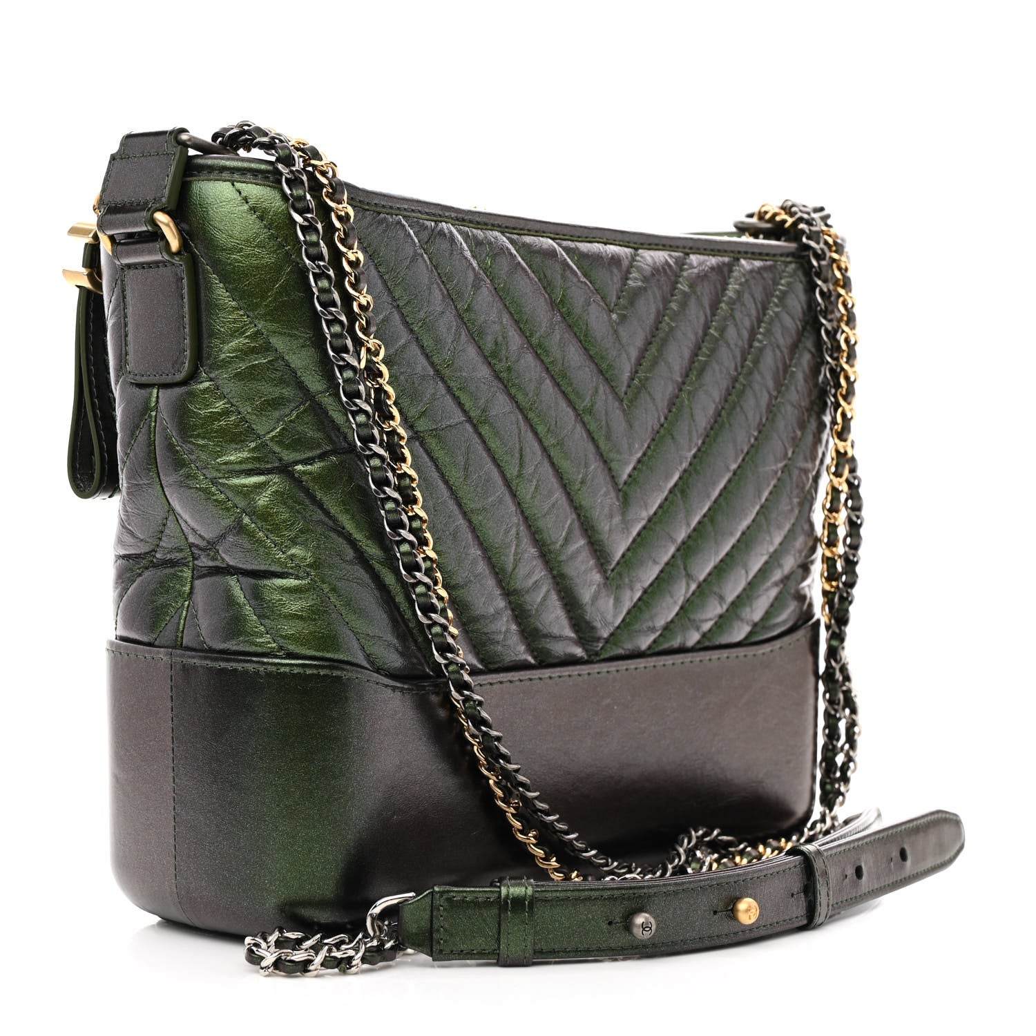 Chanel Metallic Aged Calfskin Chevron Quilted Medium Gabrielle Hobo Green 3 of 13