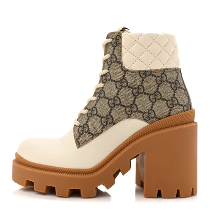 Gucci Calfskin GG Supreme Monogram Nappa Quilted Lace Up Ankle Boots 35 Mystic White Beige 1 of 10
