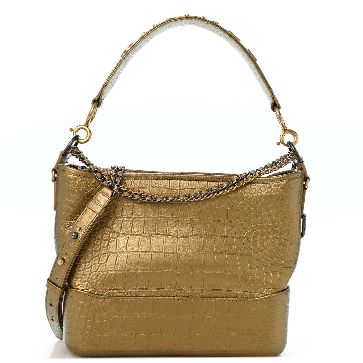 Metallic Calfskin Crocodile Embossed Medium Gabrielle Cocodile Hobo Gold