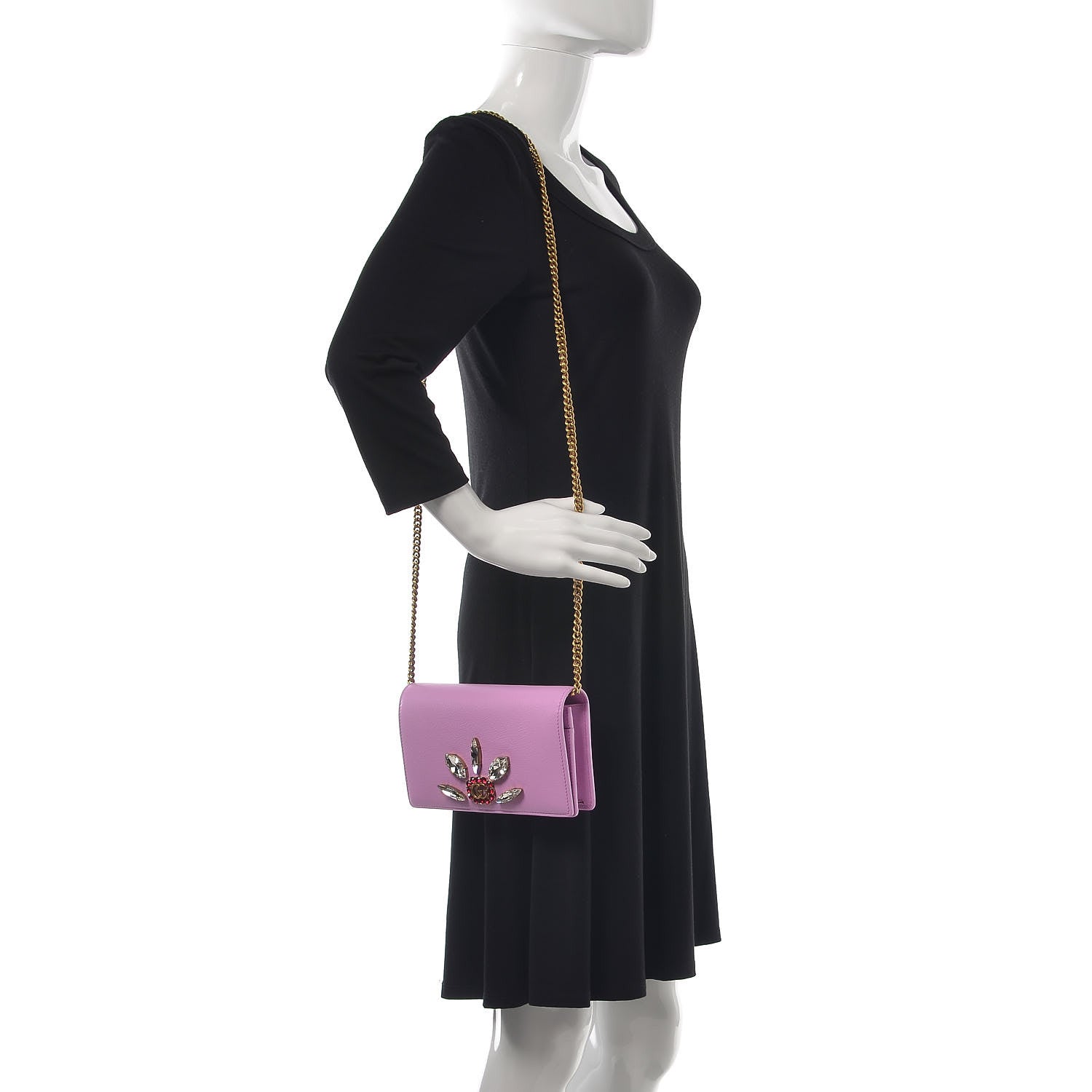 Gucci Calfskin Marquise Crystals Mini GG Chain Wallet Malva 2 of 8