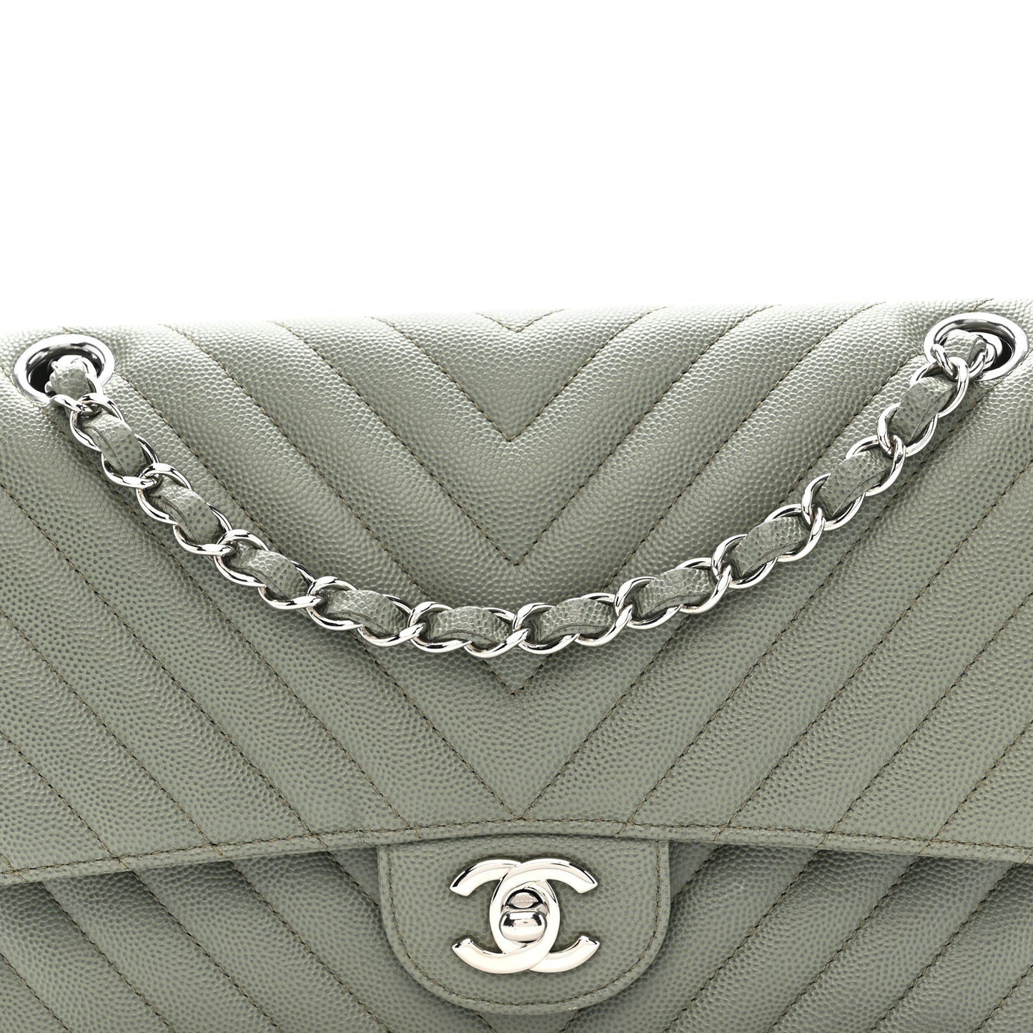 Caviar Chevron Quilted Medium Double Flap  Green