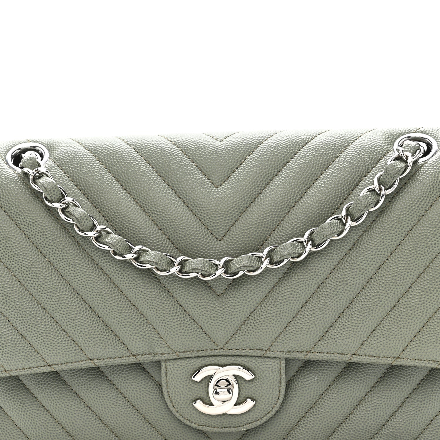 Chanel Caviar Chevron Quilted Medium Double Flap  Green 8 of 10
