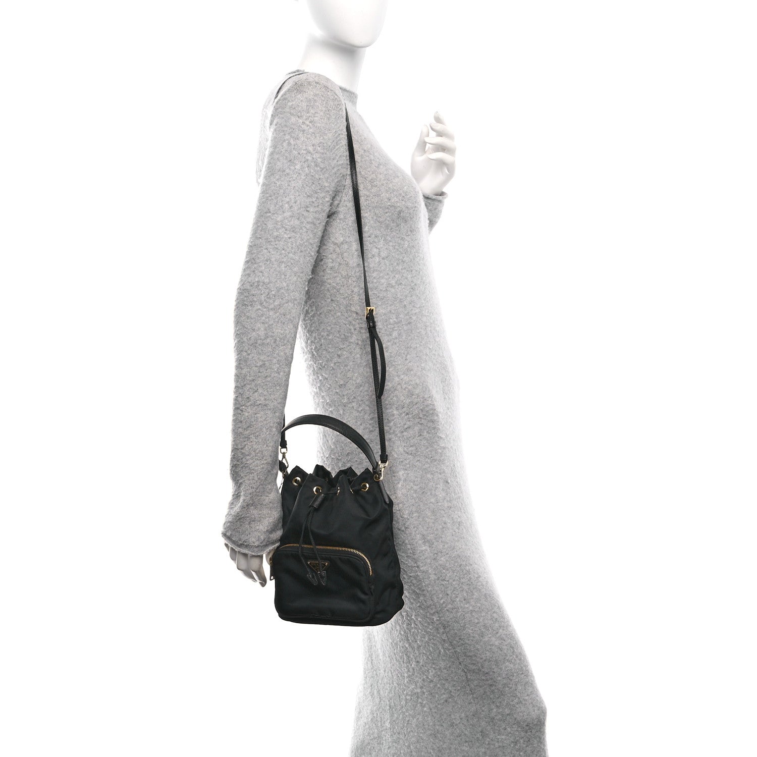 Prada Saffiano Tessuto Nylon Mini Bucket Crossbody Bag Black 2 of 11