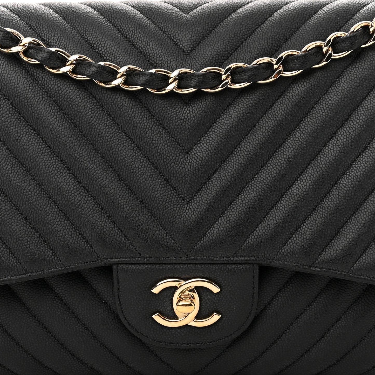 Caviar Chevron Quilted Jumbo Double Flap Black