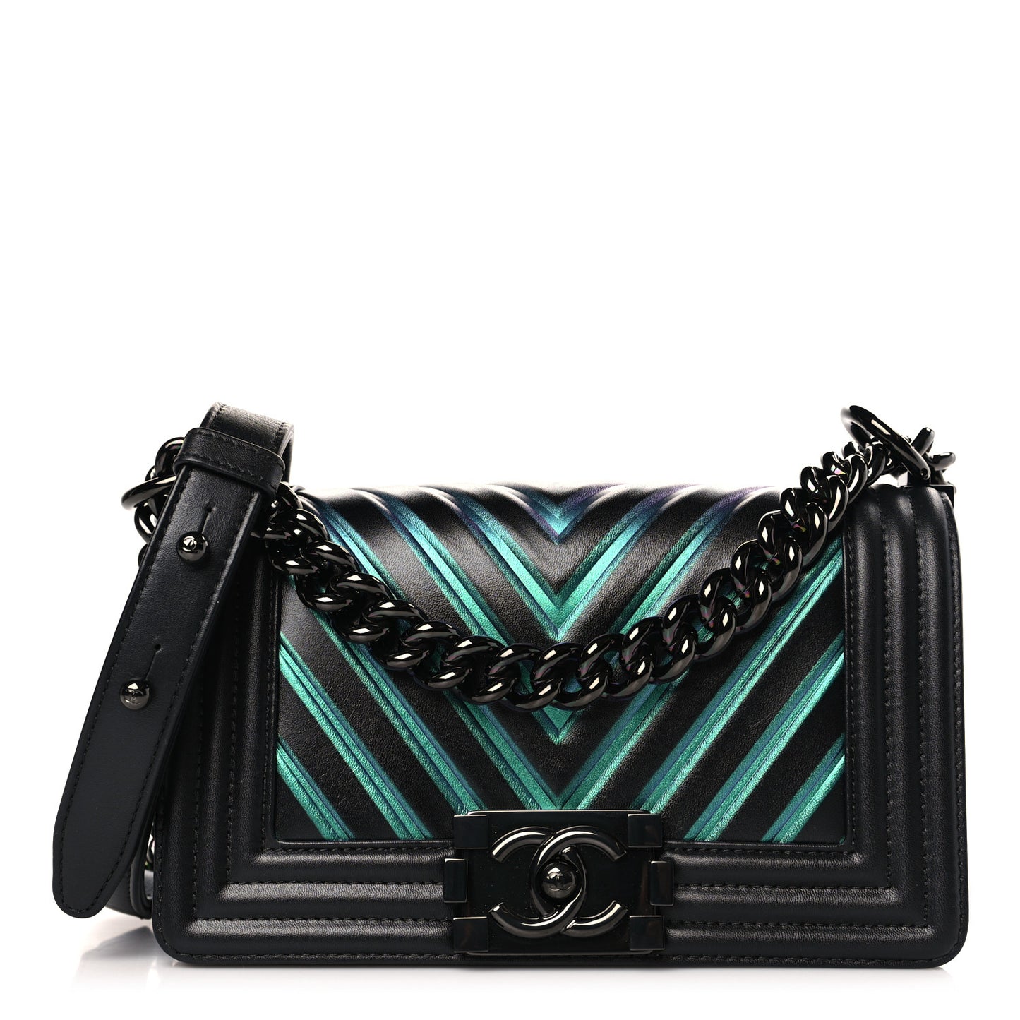 Calfskin Painted Chevron Embossed Small Boy Flap Black