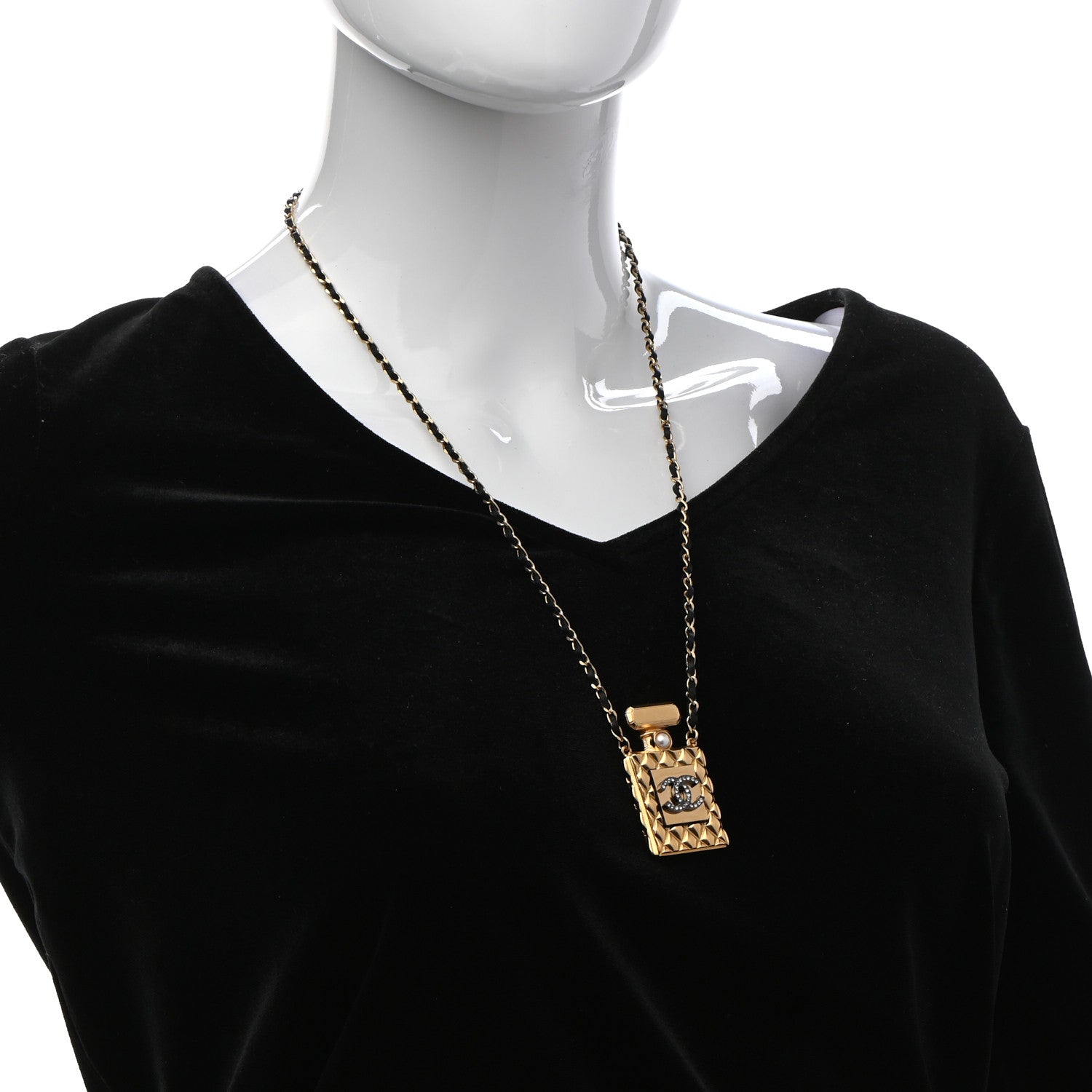 Chanel Crystal Pearl Perfume Bottle CC Necklace Black Gold 2 of 4