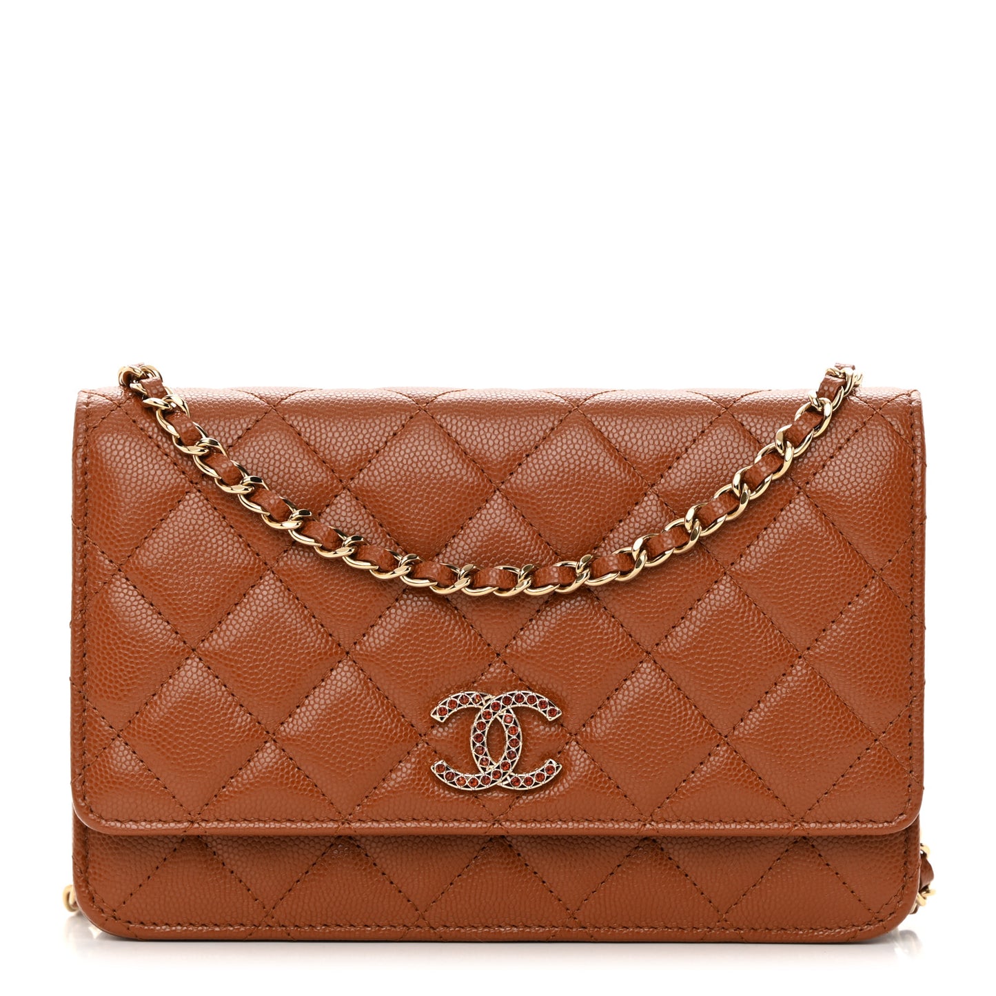Shiny Caviar Quilted Strass Wallet On Chain WOC Light Brown